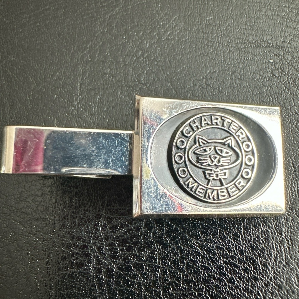 Vintage silver plated Tie Clip With Enamel Cat Logo